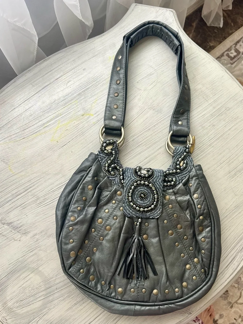 Mary Frances Embellished Leather Studded Hobo Bag Beaded Boho Purse